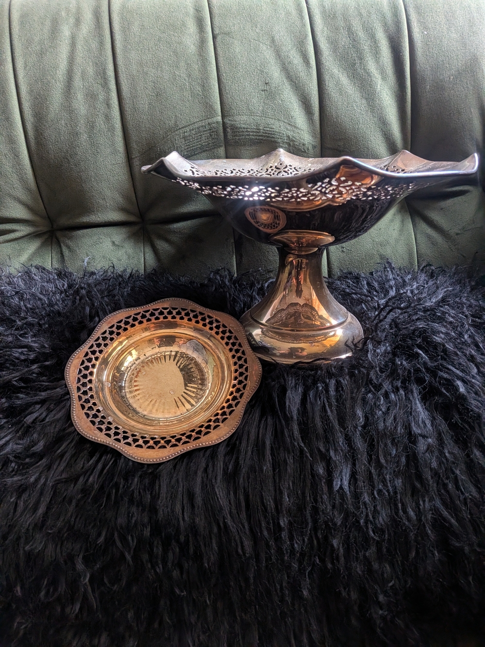 vintage pedestal bowl is a silver-plated compote featuring an ornate pierced rim